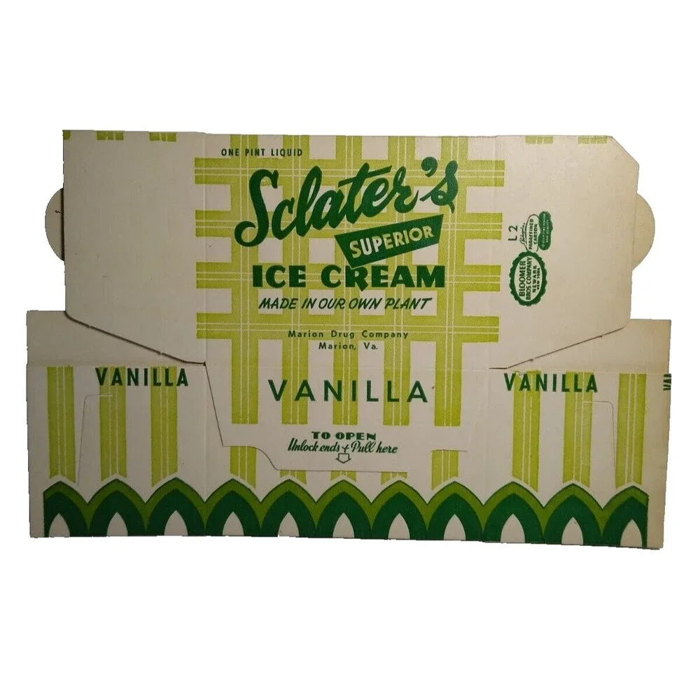 Sclater's Superior Ice Cream Vintage NOS Wax Pint Cardboard Container Marion VA